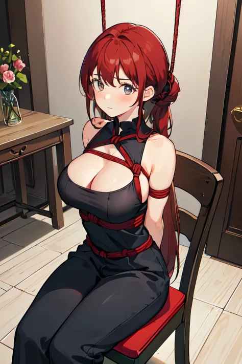 ((1 girl)), ((sit on the chair)), ((Rope bondage)), ((Put your arms behind your back)), ((fully bound)), (tightly bound), ((helpless)), (dark red hair, , black sleeveless, black trousers, ), (((big breasts))), ((blush))