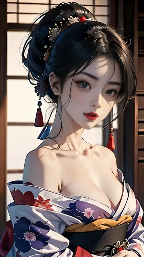 Mujer japonesa, Samurai, tatuaje en el cuerpo, hermosa, rostro detallado, cuerpo completo, kimono sexy corto, ojos lindos