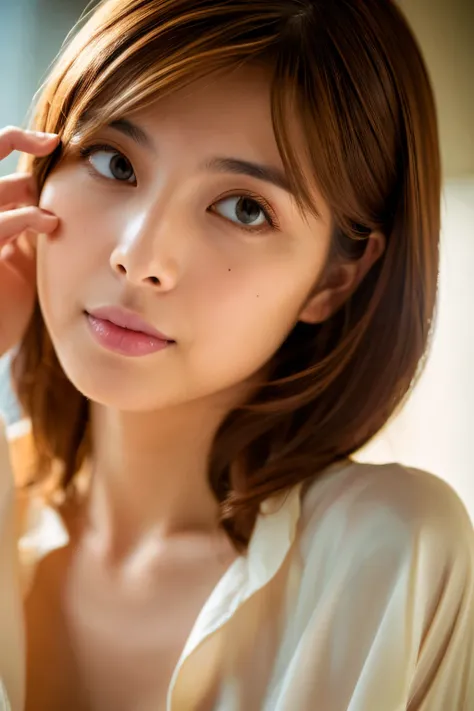 masterpiece, Best Quality, 8K, 1girl, Correct human hands, correct human fingers, Skinny Japanese woman, Cute, Girly, Delicate woman, Neat and clean beauty, small breast, very thin waist, sexy lips, luminescence, Looking away, Raw photo, F/1.8, 135 mm, CAN...