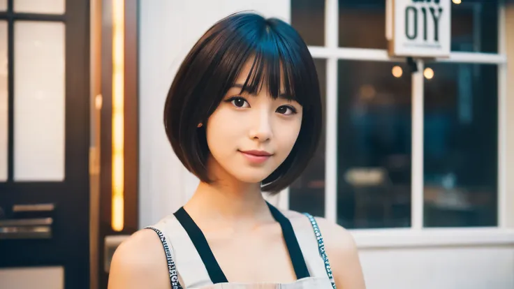 ,beauty salon model,haircut model woman，Photographed inside the cafe,Stylish cafe in New York,Japanese idol