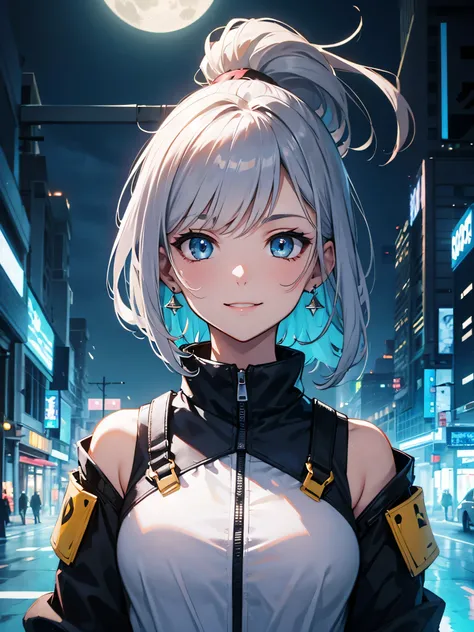 1 girl, alone, colorful, blue eyes, cyber punk, cityscape, moon background, peace sign, earrings, ponytail hair, gray hair, wave your arms, beautiful light, character focus, CG illustration, bust shot, white color jacket, black sleeveless gloves, black tra...