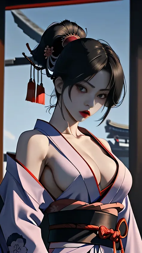 Mujer japonesa con katana, Samurai, tatuaje en el cuerpo, hermosa, rostro detallado, cuerpo completo, kimono sexy corto, ojos lindos, trasero grande, caderas 