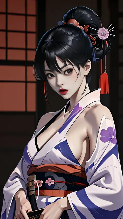 Mujer japonesa con katana, Samurai, tatuaje en el cuerpo, hermosa, rostro detallado, cuerpo completo, kimono sexy corto, ojos lindos, trasero grande, caderas 