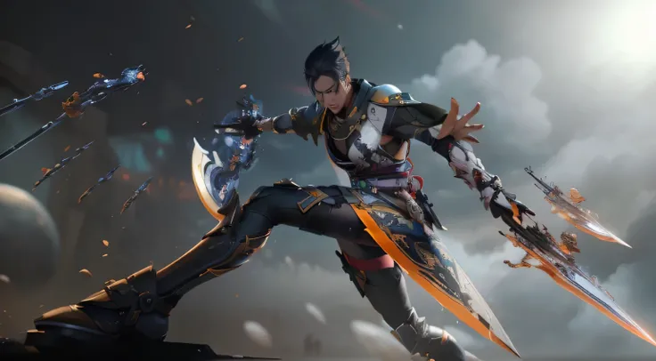 A man holding a sword，A sword in the air, heise jinyao, This character has the ability to freeze, Tracker game character, katana zero video game character, Overwatch Tracker character, waving kunai, Unreal Engine Character Art, dramatic sword pose, Game CG...