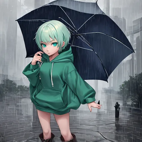 beautiful girl　cute　short hair　green　eyes are big　Im holding an umbrella　blue eyes　wearing boots　it&#39;s raining　1 person　hoodie