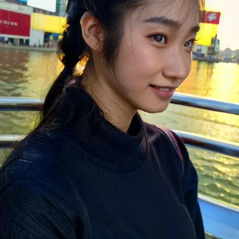 highest quality, 超High resolution, (realistic:1.4),sunset light, ponytail, korean woman, detailed pictures, smile, sexy, black shirt, facing camera, close (masterpiece: 1.3), (8K, realistic, highest quality: 1.4), (1 girl), beautiful face, (realistic face)...