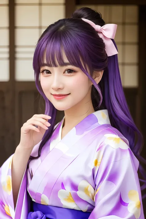 highest quality, masterpiece, high resolution, a beautiful woman, semi realistic, (yukata:1.40), (kimono:1.20),  long hair, purp...