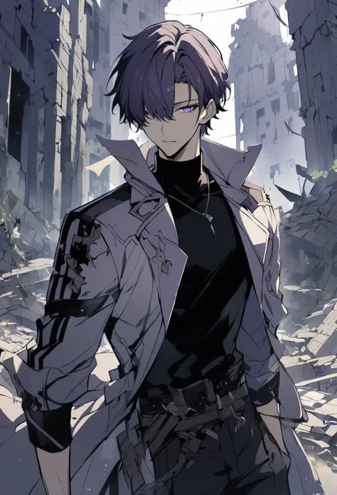 handsome, solo, male, short hair, hair covers left eye, dark lavender hair, purple eyes, ruins, black shirt, black pant, black a...