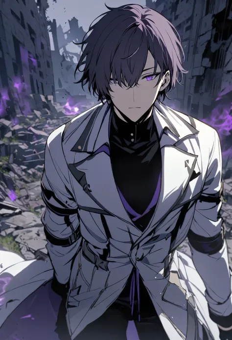 handsome, solo, male, short hair, hair covers left eye, dark lavender hair, purple eyes, ruins, black shirt, black pant, black a...