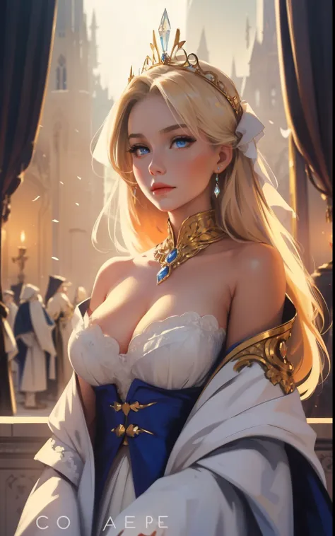 fantasy, 19th century, empress, woman, delicate face, pale blonde hair, blue eyes, in a white royal dress with open shoulders, g...