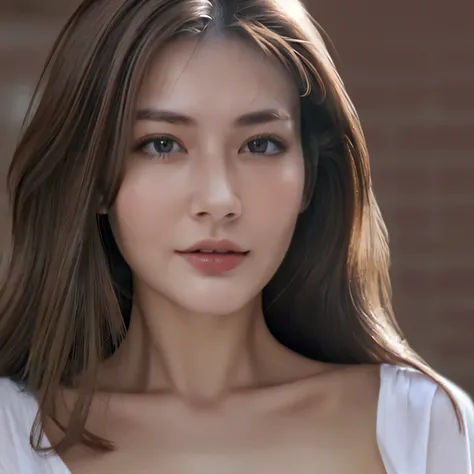 （best quality，High resolution，master piece：1.3），tall and beautiful woman，frontage，loose wavy dark brown hair，big breasts，V-neck white shirt，dark alley，Beautifully rendered facial and skin texture details，charming eyes，double eyelid、