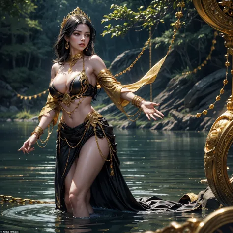 an alluringly beautifully dangerous siren dressed in only intricate gold tracery, chains and precious gems, rising from a misty lake, her breasts partly exposed, her perfect hands outstretched toward us in a beckoning manner,seductive expression,black hair...