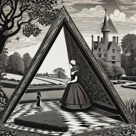 Lewis Carroll, Alice in the Country, Depict the Duchess whose figure is softly illustrated in such a way that her silhouette smoothly transforms into an impossible triangle, inspired by the graphic works of Escher