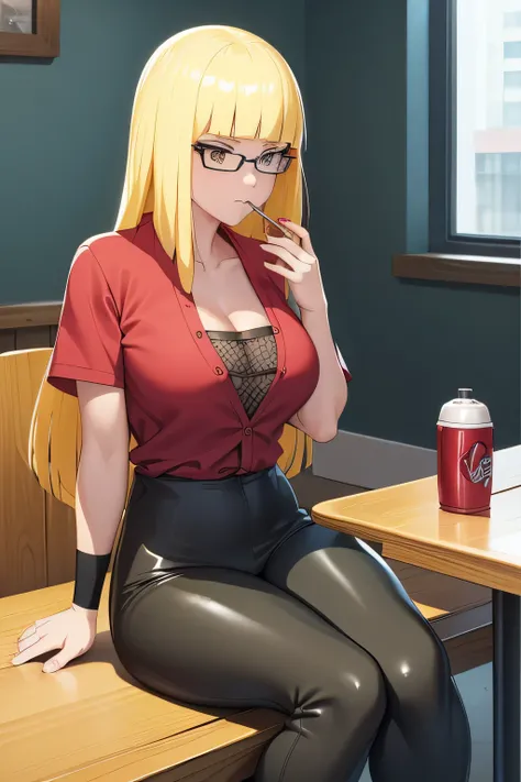 A sexy nerdy girl with a big chest, long yellow hair, emo style, shy, shy, brown eyes, wears college clothes, a red button-down shirt, tight shiny black pants, and blue shoes, and is sitting at a table eating alone, alone.