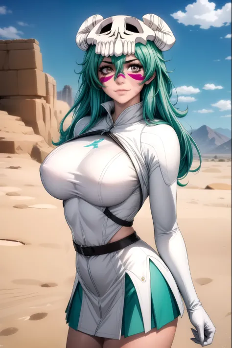 nellieltuodelschwanck, nelliel tu odelschwanck, long hair, green hair, (facial mark:1.5), skull, (brown eyes:1.5), green hair,
BREAK espada suit, dress, white dress, long sleeves, collar, skirt, white skirt, gloves, white gloves,
BREAK outdoors, desert, sk...