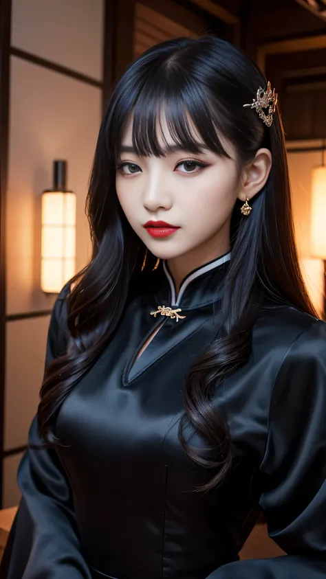 tra-detailed、2girls、Japanese、attractive beauty、seductive adult woman、pretty woman、piercing eyes、cool girl、wavy hair、swept bangs、Long Black Cheongsam、wide sleeves、Evil cadres、evil depravity、brainwash、mind control、lipstick、lip gloss、dark makeup、smirk、whisper...