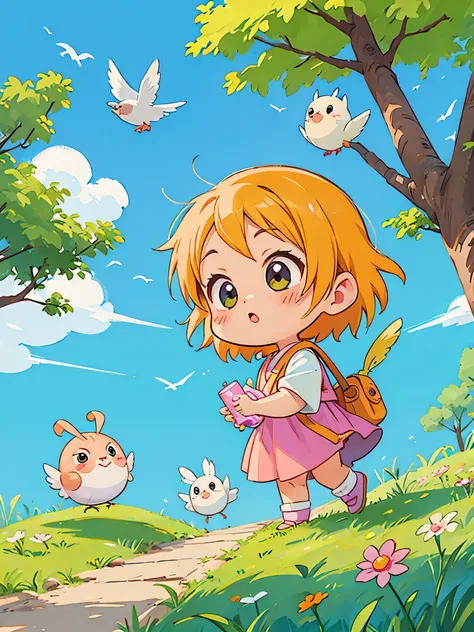 akira toriyama style, Kawaii Design, Chibi, beautiful spring afternoon、birdie