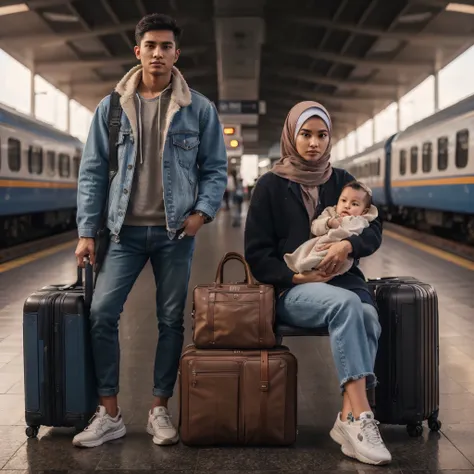 Group photo of 2 people, 1 handsome Indonesian man 25 years old with short hair, and 1 beautiful woman 25 years old wearing a hijab, wearing a modern casual style outfit, woman holding her 3 months baby, sneakers, man carrying a suitcase and bag, sitting o...