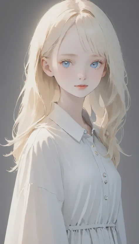 (((white background:1.3)))、highest quality, Masseter muscle part, High resolution, albino girl、(((1 girl))), 16 years old,(((The eyes are white:1.3)))、white dress、((white shirt:1.3、White Block Dress)), Tyndall effect, realistic, shadow studio,Ultramarine l...