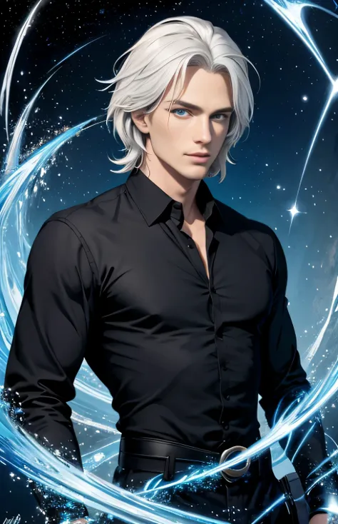 European face, white man, shoulder-length white hair, tuquoise blue eyes, black pants and blue dress shirt.  starry sky (masterpiece, best quality: 1.4), (absurdities, highres, ultra detailed: 1.2), (1 handsome man: 1.4), (using dark magic: 1.4), red magic...