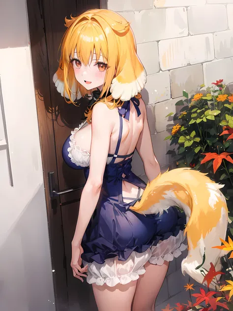 masterpiece, best quality, roxanne, dog ears, collar, sundress, looking at viewer, garden, autumn, sunset, large breasts, ass, smile edgYSD, woman wearing a sundress, very voluminous very fluffy very long dog tail, dog tail starts immediately above butt, d...