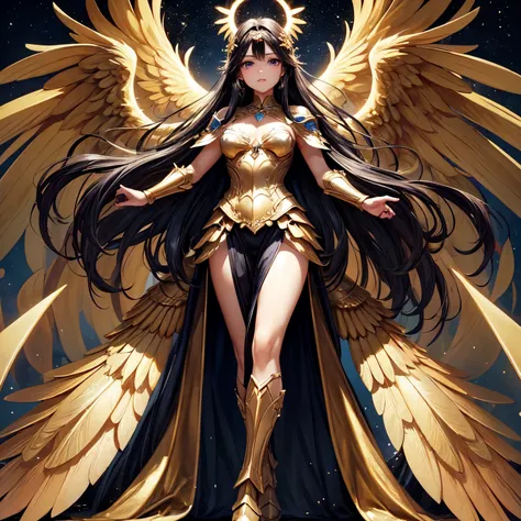 best quality, extremely beautiful, beautiful face, angel woman, four huges golden wing, revealing armor with open front skirt, v...