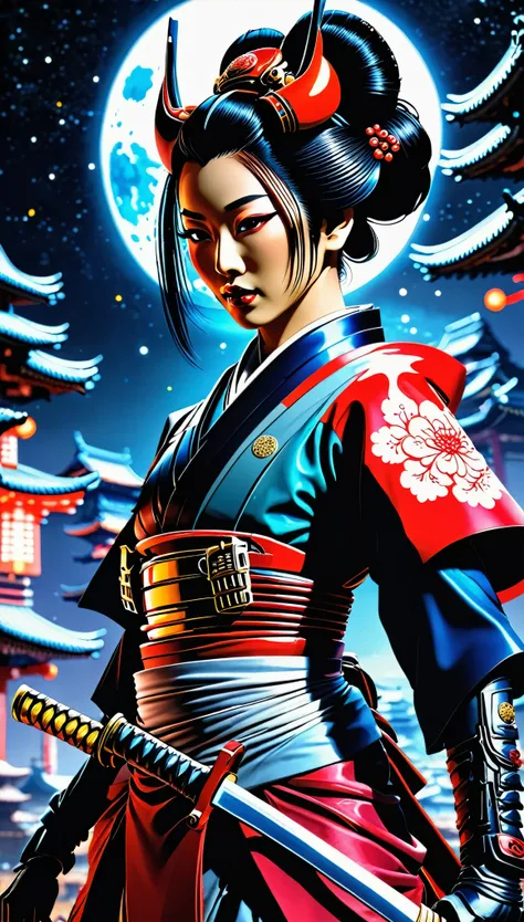 vector art, vector graphics. dark sci-fi. Feudal Japan style but sci-fi style on an alien planet in another galaxy. android geisha, samurai with sword, female space marine. dynamic techniques, film grain, depth of field, HDR, beautiful lighting, turn off n...