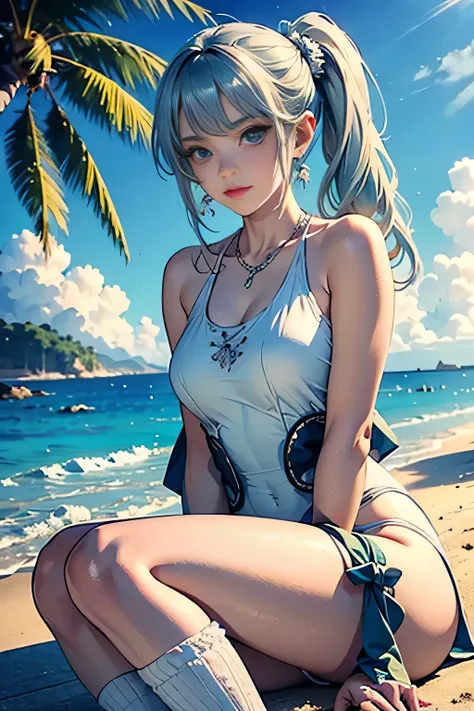 low angle,from below, ((masterpiece, highest resolution,best quality)), (illustration), ((1girl,cute,japanese,young,semi long beautiful silver green hair,side ponytail,beautiful blue eyes)),(solo),(white elegant one piece swimsuit),(flat sitting on the san...
