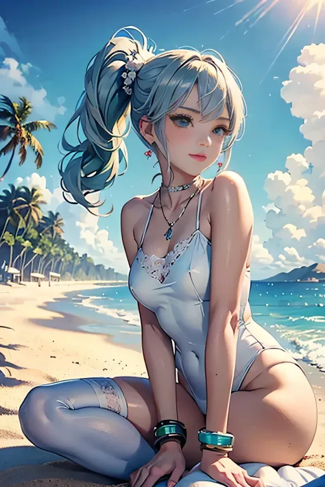 low angle,from below, ((masterpiece, highest resolution,best quality)), (illustration), ((1girl,cute,japanese,young,semi long beautiful silver green hair,side ponytail,beautiful blue eyes)),(solo),(white elegant one piece swimsuit),(flat sitting on the san...