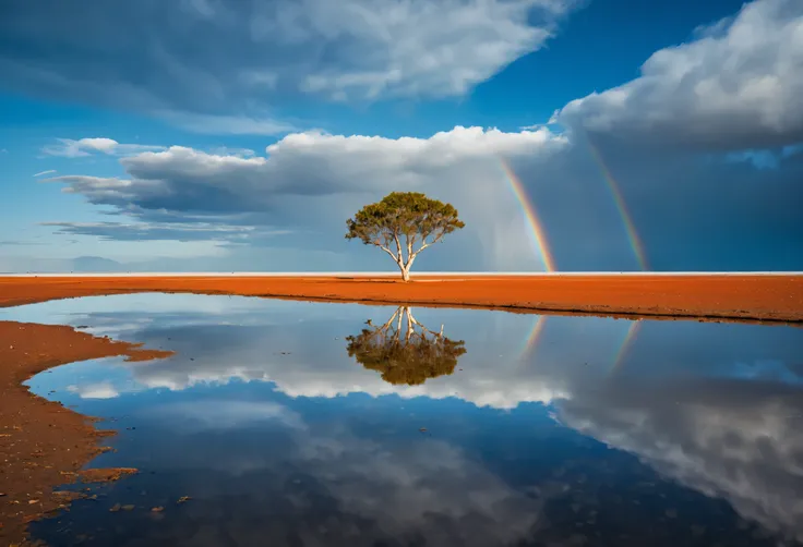 High resolution,8k ultra hd,full color,Imagine the Salar de Uyuni,rainy season、The water surface shines like a mirror、The color of the blue sky is reflected、In the distance, the disappearing rainbow looks big,A single birch tree grows on the surface of the...