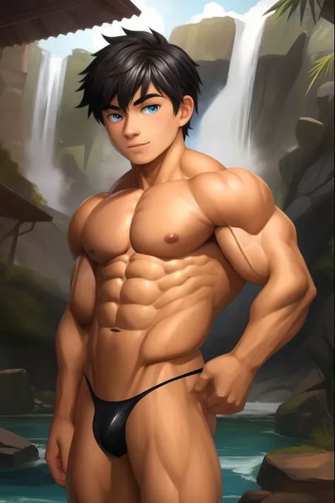 A teen ( face) 15 year old teenager (15 years old) very attractive boy, Mexican ethnicity. tanned skin, jet black hair, short hair bangs that fall on both sides of his youthful face. carefree expression, young man, alone, marked muscles, beautiful musculat...