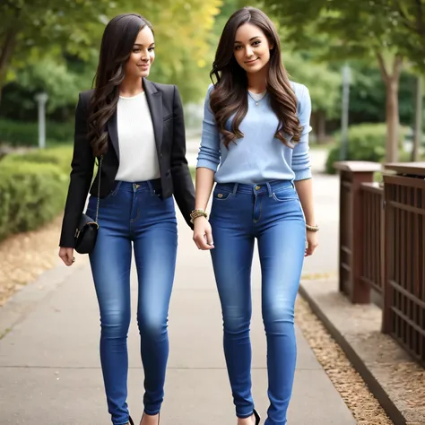 as a rule, twins have a lot in common. there is a girl wearing tight jeans and high heels.