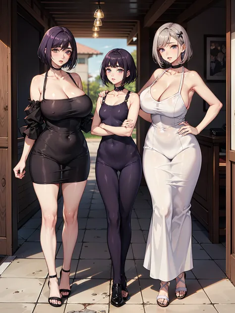 older woman in her 30s with short purple hair and a tall curvy body next to her slim-bodied daughter in her 20s, olhos azuis