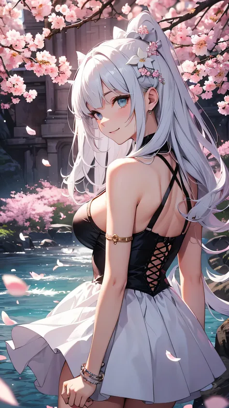 最high quality、best image quality、masterpiece、girl((18-year-old、 By becoming、vest bust、medium bust,wide open breast tea、shining eyes, silver hair、long hair、thin,highest valley、white see-through dress、White short skirt、Wristband、smile、back view、cherry blosso...