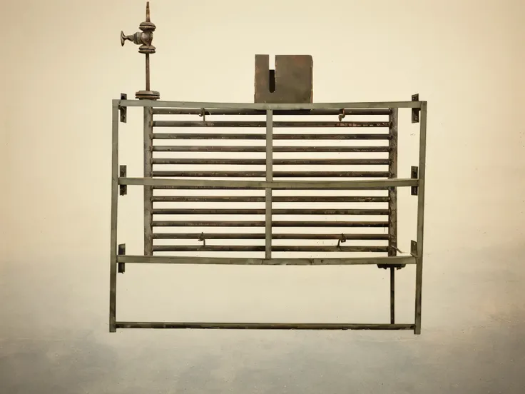 there is a Metal shelf with a book on it, iron frame, Door, Set photo, shelf, Thomas Bock, horizontal, head, Metal, Metal plate photo, conceptual, heat sink, &quot;pig, photo, steel, a photo of a rusty, musical instrument, Thomas Dubois, Metal 快Door, monum...