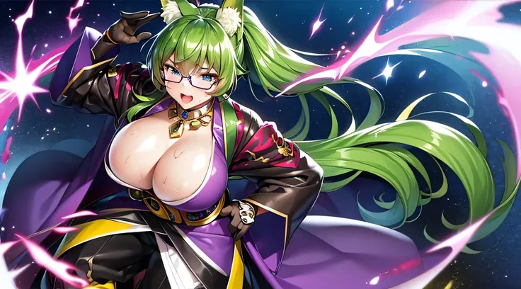 masterpiece、highest quality、1girl , solo , huge breasts、deep cleavage、light green hair、ponytail、fox ears、brightly colored eyes、blue eyes、black glasses、green kimono、light purple long hakama、brown leather jacket、leather boots、flashy necklace、charm、Wet、face t...