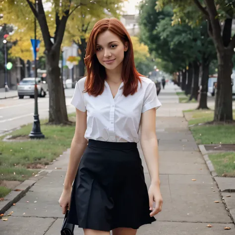 Hot Red head, long Bob, beautiful smile, looking away from the camera, body shot, shooting in a Park, high qulality, Skirt, walking towards camera, Posing