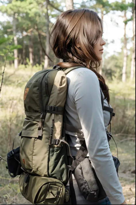 arafed woman com uma mochila standing in a forest, carrying survival gear, lady huntress of the forest, com uma mochila, vista traseira, carregando mosin nas costas, carregando um rifle, backlight, tiro lateral, wearing tactical gear, vestindo equipamento ...