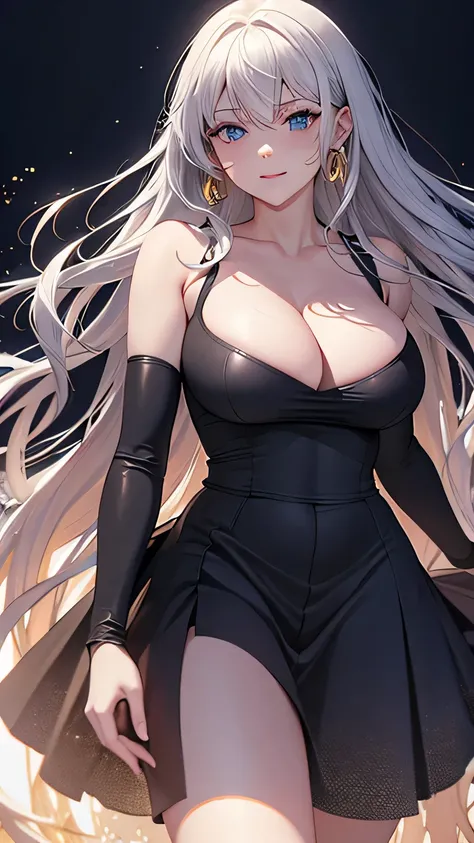 (highest quality:1.5, High resolution, UHD, 4k, detailed lighting, shader), wavy white hair, gradient hair, big breasts, black shirt, skirt jeans, mature woman , white background, colorful red eyeshadow, dramatic lighting, smiling eyes, gold earrings, flow...