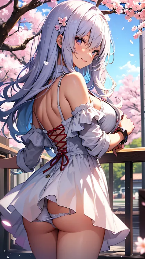 最high quality、best image quality、masterpiece、girl((18-year-old、 By becoming、vest bust、medium bust,wide open breast tea、shining eyes, silver hair、long hair、thin,highest valley、white see-through dress、White short skirt、Wristband、smile、back view、cherry blosso...