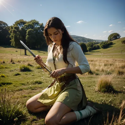 The colors are bright in the picture, woman-warrior, holding a sword in his hand, bright grass underfoot,