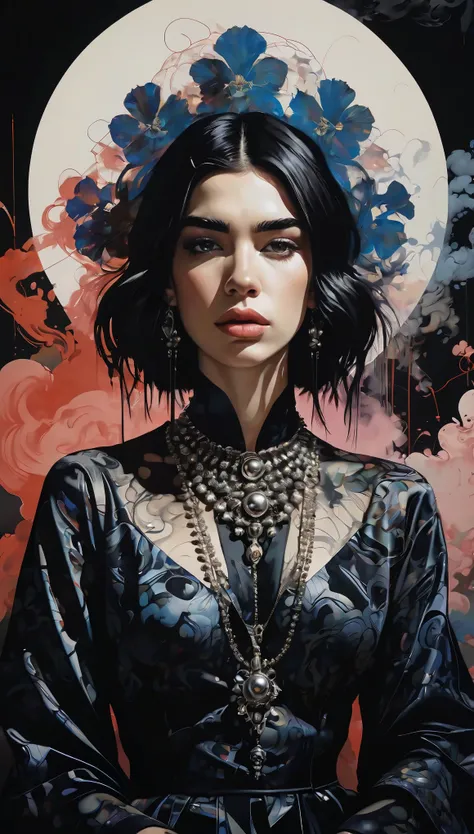 (Dua Lipa) is a beautiful charming vampire queen sitting on a throne, carved out of dark smoke, pale skin,dark fantasy background, black, circular colored smoke, waves of shadows at night, abstract skull ornaments, messy hair, soft colors, flat 4d street a...