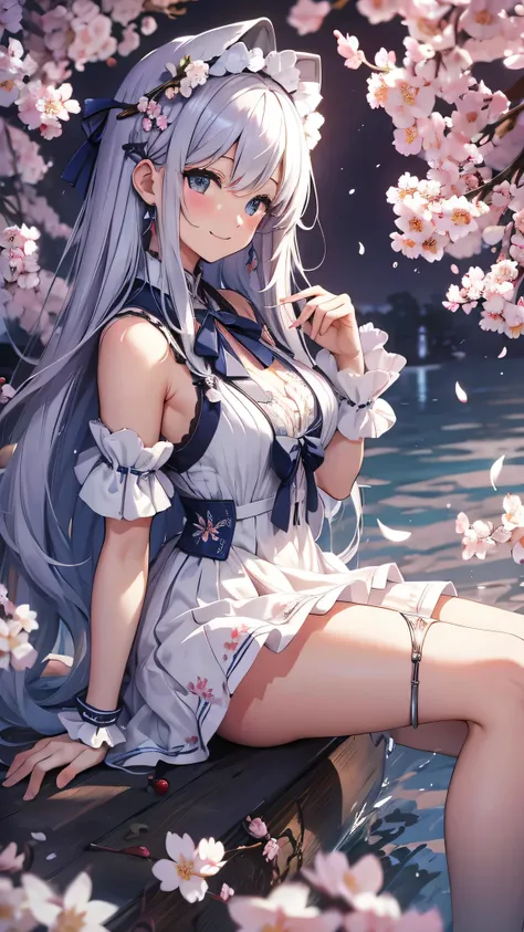 最high quality、best image quality、masterpiece、girl((18-year-old、 By becoming、vest bust、medium bust,wide open breast tea、shining eyes, silver hair、long hair、thin,highest valley、white see-through dress、White short skirt、Wristband、smile、back view、cherry blosso...