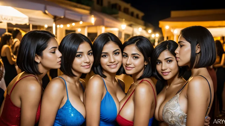 Isabel Merced, group of girls in summerdresses (long bob_cut hair), enjoying the nightlife of greece, smiling, (kissing:1.2), (skin texture:1.1), (high detail face:1.1), full bodyshot, high detail body, high detail clothes, (big breasts:1.3),(masterpiece),...