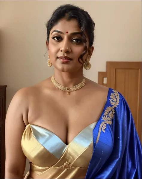 wearing a sexy satin saree with strapless bra, sexy indian housewife, looks like indian actress nayanthara, actress nayanthara, ...