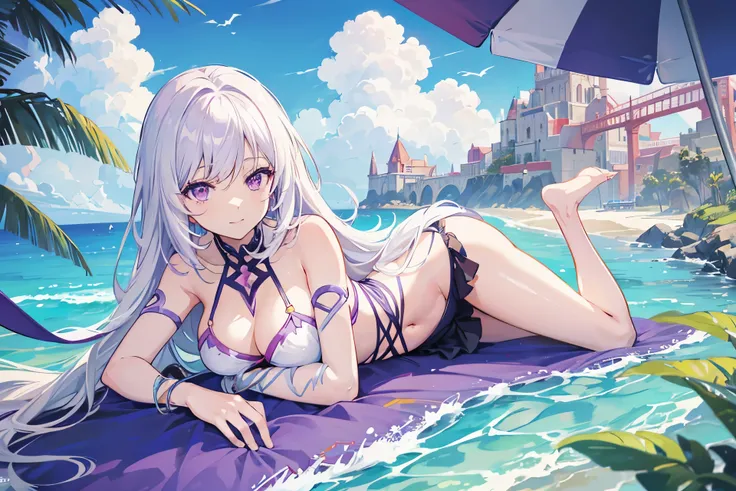 Illustration of an Anime character "Elaina", She is from the anime: "Wandering Witch: The Journey of Elaina", The background is On the beach, and The character only wearing a Bikini, Elaina Illustration, Purple Eyes, White Hair.