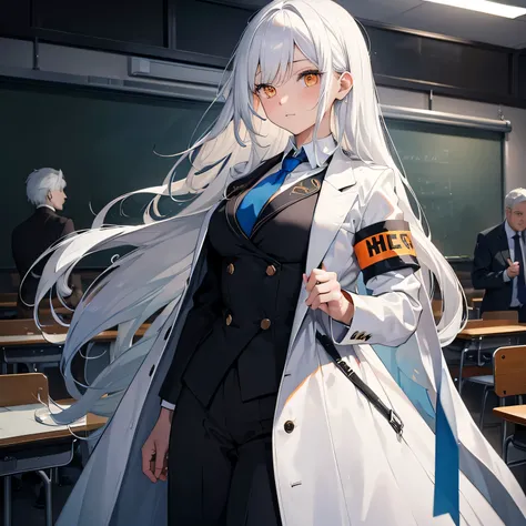 (masterpiece),woman,white hair,orange eyes,gentlemen,long hair,black suit blue tie,white coat,blue armband,classroom