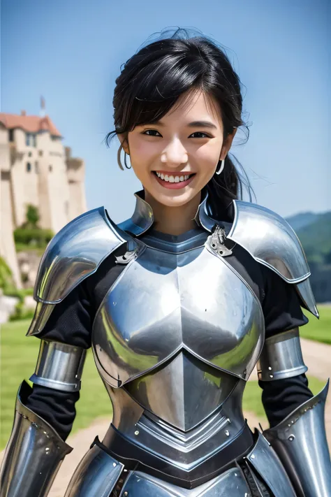 highest quality、４Ｋ、The background is a castle、slender body shape、female knight、black hair、smile、beautiful teeth、hairstyle shortcut、ear piercing、full body photo、Luxurious Silver Armor、