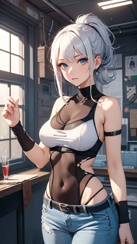 最high quality、best image quality、masterpiece、girl((18-year-old、 By becoming、vest bust、medium bust,wide open breast tea、shining eyes, silver hair、ponytail、long hair、thin,highest valley、white tank top、blue pants、Wristband、brown skin)),high quality、beautiful ...