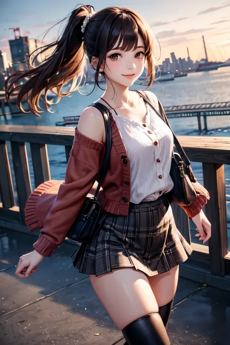 very cute and beautiful girl,teen,(highly detailed beautiful face),(gray blouse),(smile),
cowboy shot,(red cardigan:1.2),long sleeve BREAK zettai ryouiki,(brown shoulder bag),(plaid brown mini skirt:1.3),
walking,stylish pose,wavy hair,black hair,low ponyt...